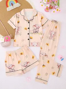 3-Piece Kids' Animal Print Sleepwear Set, Pastel Cute Pajamas, Casual Cartoon Elephant Design, Fitted Short Sleeve Top & Shorts, All Seasons Wear, Ages 8-12, Pajama Sets