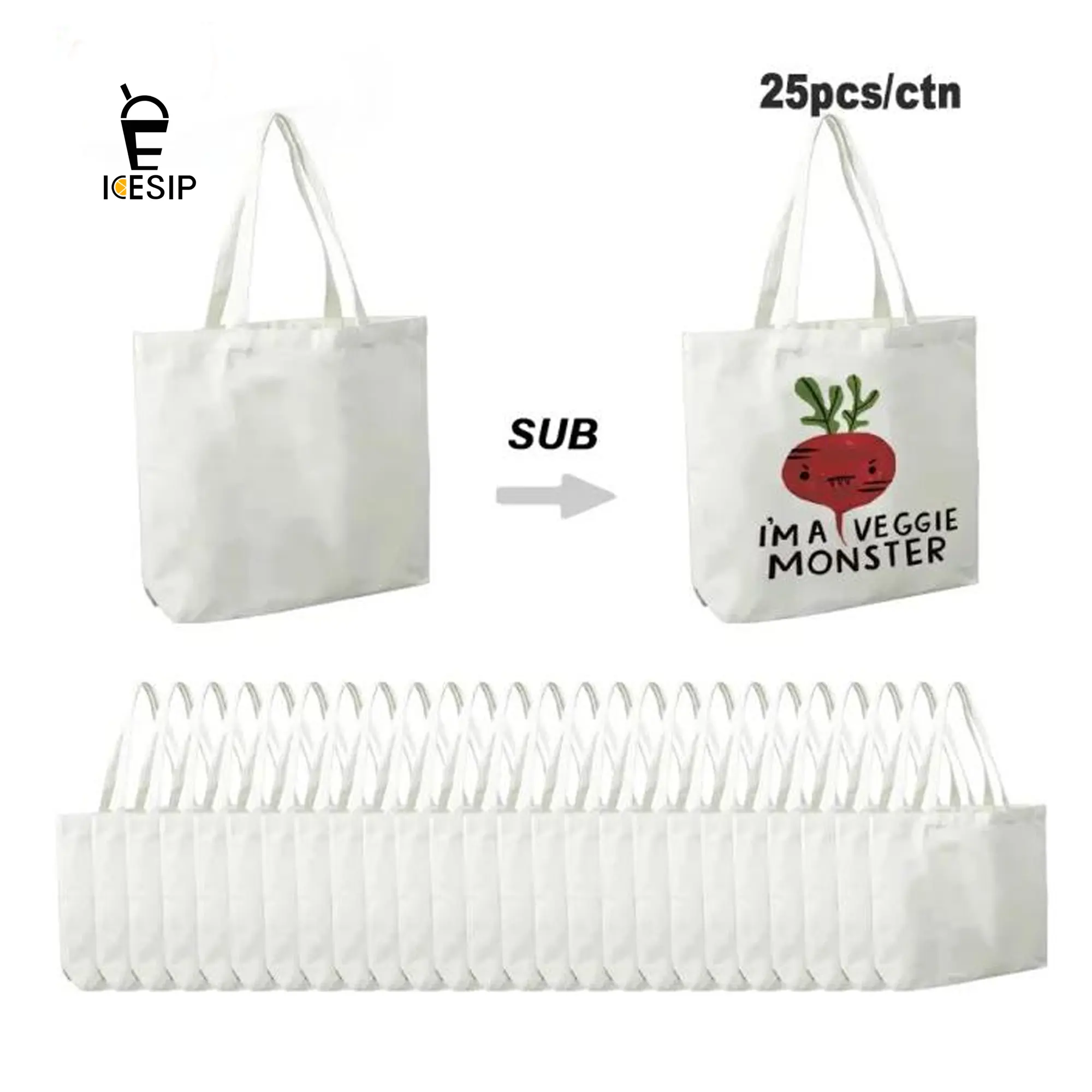 ICESIP 25-Pack Classic Collapsible Foldable Non-Toxic Sublimation Blank Plain Canvas Storage Tote Bags (18.50in×5in×14.96in) - Durable Eco-Friendly Reusable for College, Daily Use
