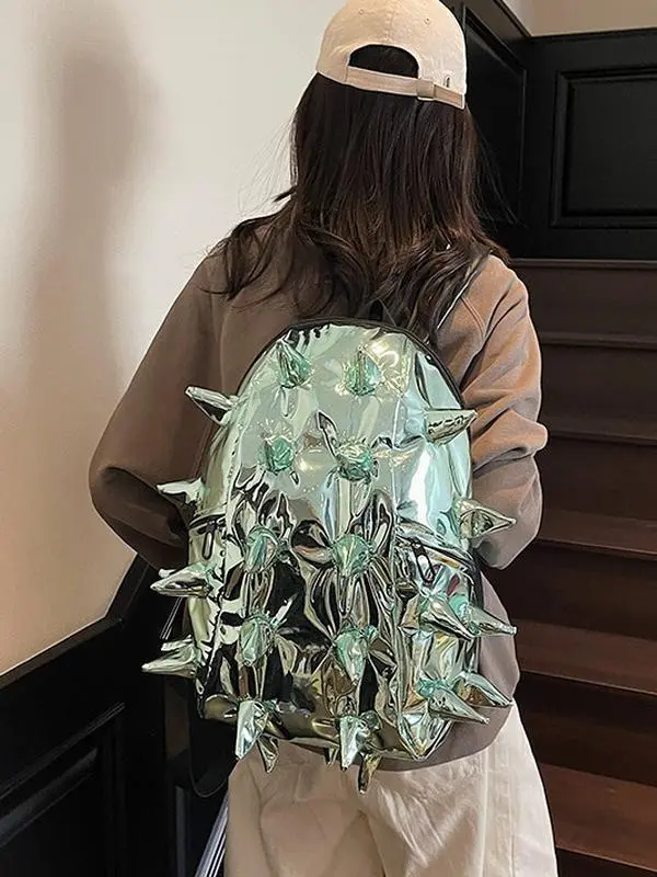 Trendy spiked-design backpack—a cool, edgy, and eye-catching student bag featuring a glossy, 3D hedgehog-inspired look.