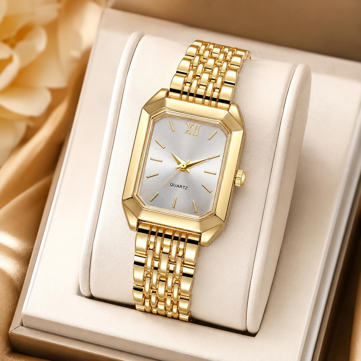 Elegant Women's Luxury Fashion Quartz Watch, Chic Minimalist Bracelet with Box, Simple Scale Square Silver Gold Wristwatch, Fashionable Analog Watch, Perfect for Party, Daily Outfits, Birthday