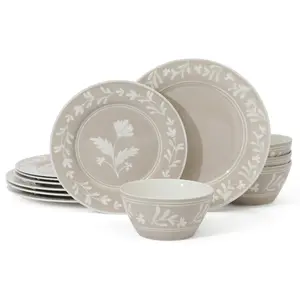 Martha Stewart Maiden Crown 12-Piece Dinnerware Set – Vegan Bone China Ceramic Plates & Bowls – Floral Design – Service for 4 – Dishwasher & Microwave Safe