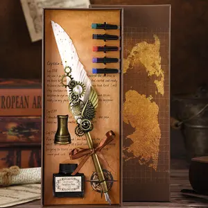 Vintage Map Wing Feather Quill Pen Set with Gift Box, Art Pen, Aesthetic Pens, 1 Set Punk Style Feather Pen Set, Creative Gift for Friend