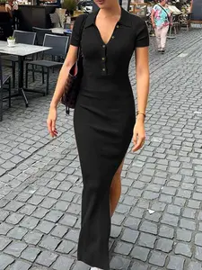 2026 New Slim Fit Split Thigh Bodycon Dress, Elegant Sexy Single Button Stand Collar Short Sleeve Dress, Women's Fashion Clothing