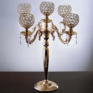 5-Arm Crystal Beaded Globe Candelabra Gold Metal - Chic Candle Holder Table Centerpiece for Gatherings 25"