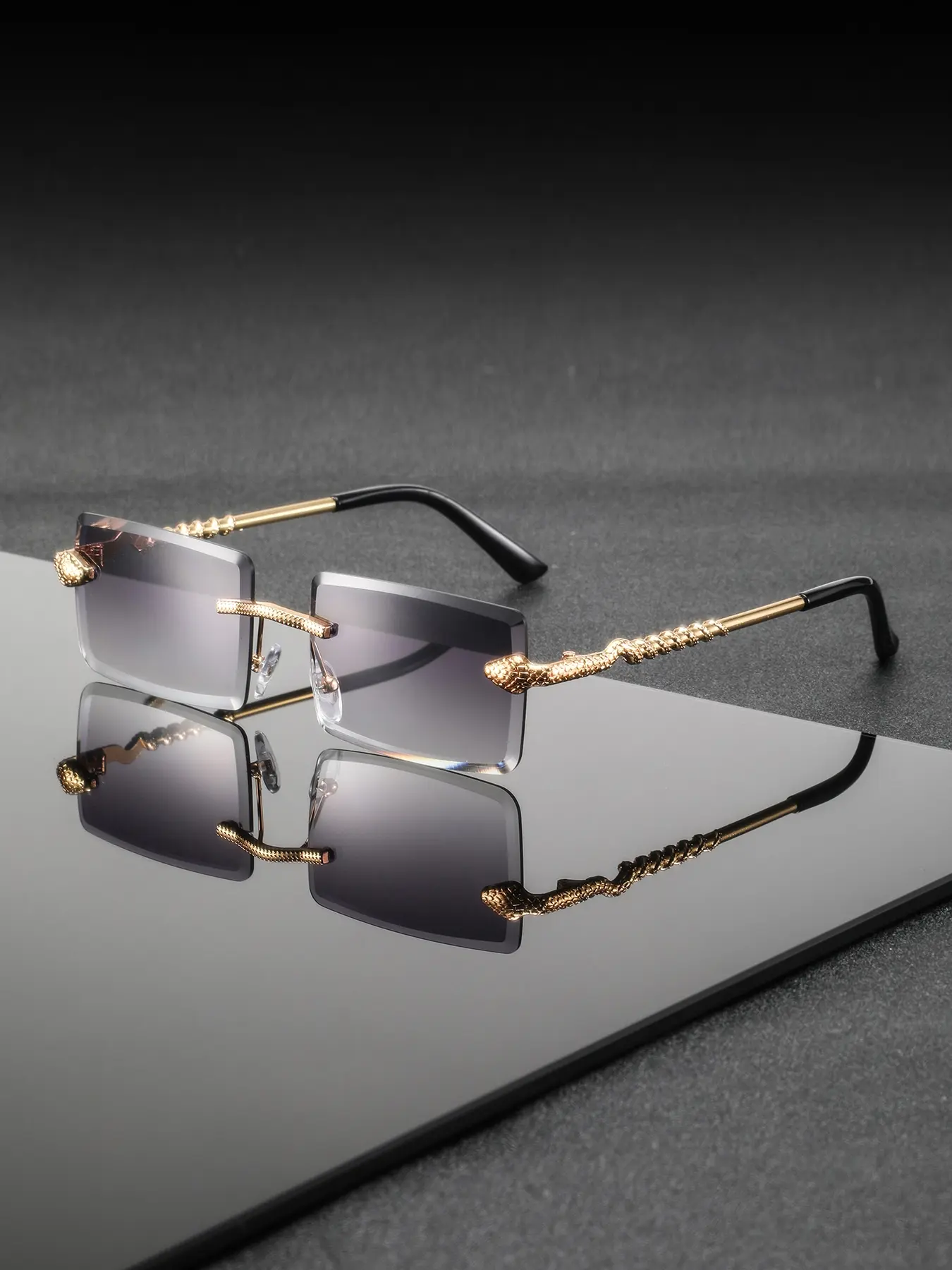 Men's Metal Rectangular Frameless Snake Decorative Sunglasses, High-Quality Fashion Eyewear, Casual Style, Perfect for Street Photography Parties Festivals, Modern Sunglasses