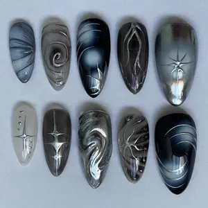 Chic Nail Studio Luxury Metallic Storm Press-On Nails, 3D Chrome Texture, Swirl Art, Silver Shine, Black Gradient, Custom Press-On Nail, Edgy Glam Looks