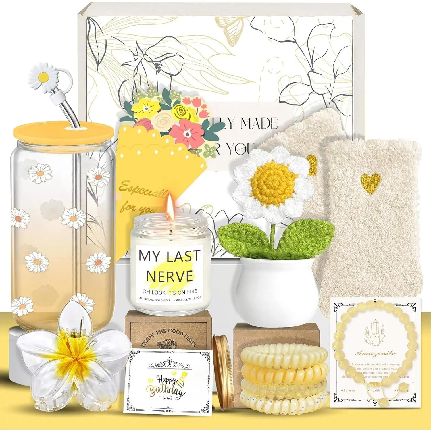 Birthday Gifts for Women, Teen Girls, Her,  Happy Birthday  Baskets for   Sister Daughter, Women Gifts Box for Girl Wife Girlfriends, 14 count Cute Daisy Glass Cups  Set(Yellow)