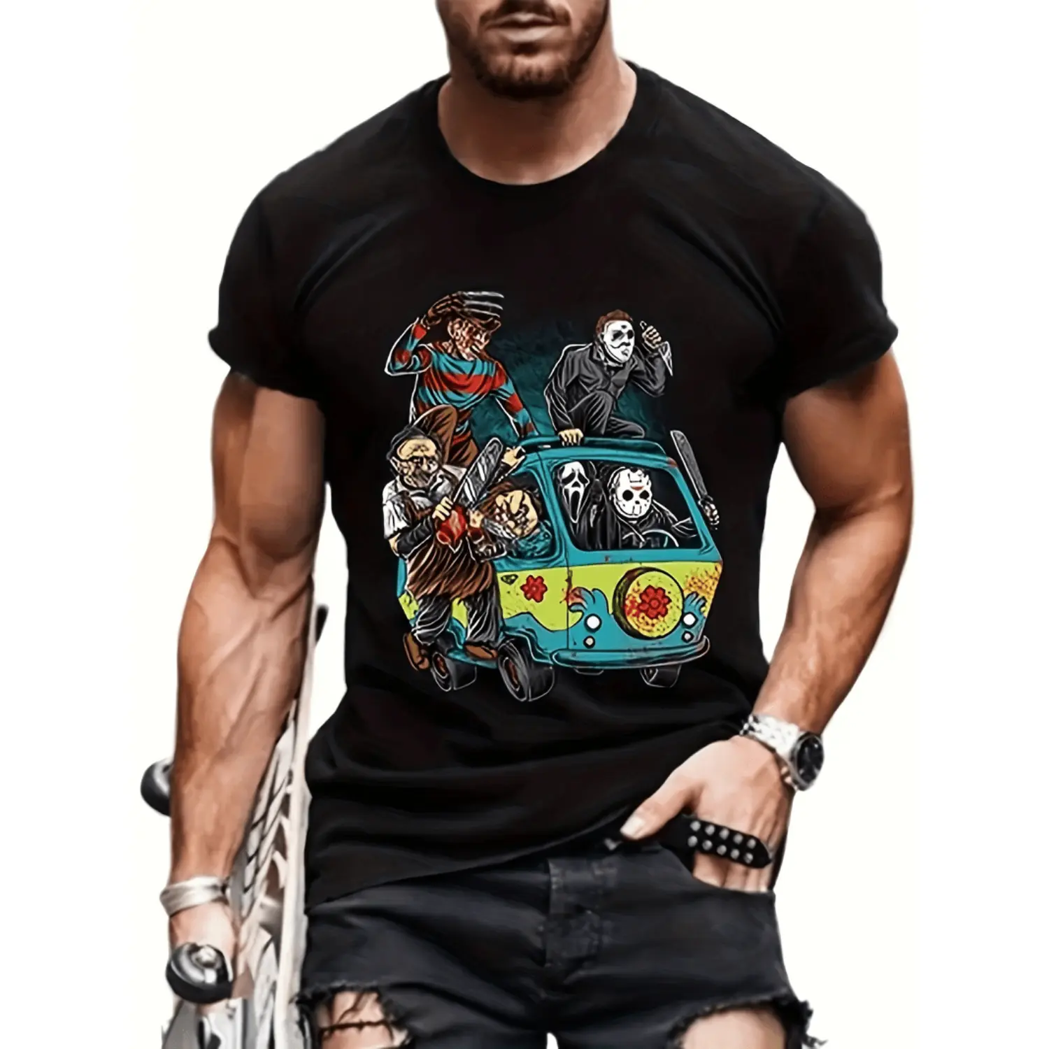 Men's Casual Graphic Tshirt, Short-Sleeve 100% Cotton Round Neck Tee with Halloween Horror Movie Pop Culture Print, Top, Shortsleeve, Menswear, Crewneck-Round Neck, Serious Personality, Vibrant, Fitted Cut, Graphic Print, Pure Cotton, Crew Neck, Preppy