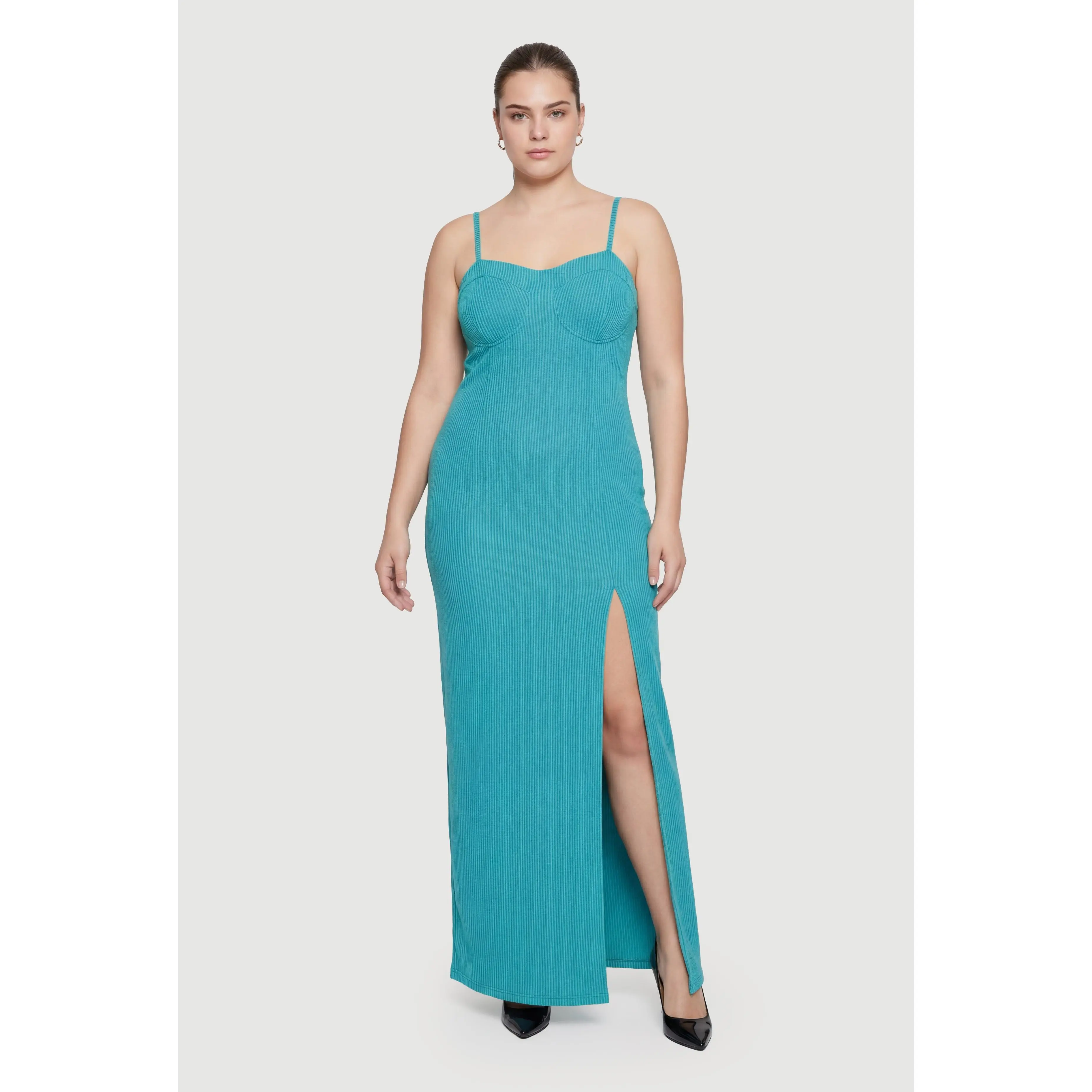 Plus Size Ribbed Knit Front Slit Bustier Dress