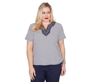 Alfred Dunner Women's Embroidered Neck Striped Side Tie Top