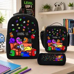 Among Us Game Cartoon Printed Backpack Set Durable Polyester 3 Piece Bookbag Lunch Bag Pencil Case Lightweight Large Capacity Back To School Supplies Travel Daypack For Boys Girls Kids Teens Students Viral Trendy Gaming Gift