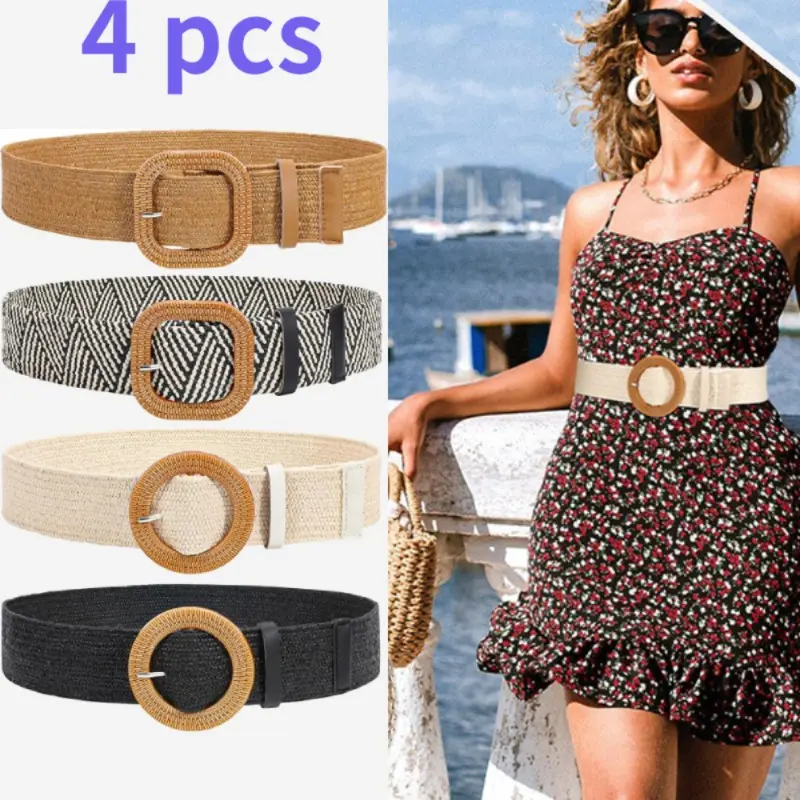 Women's 4-Pack Straw Woven Elastic Stretch Waist Belts - Boho Braids, Braided Pattern, Female Accessory for Casual/Formal Dresses, with Resin/Wooden Accents