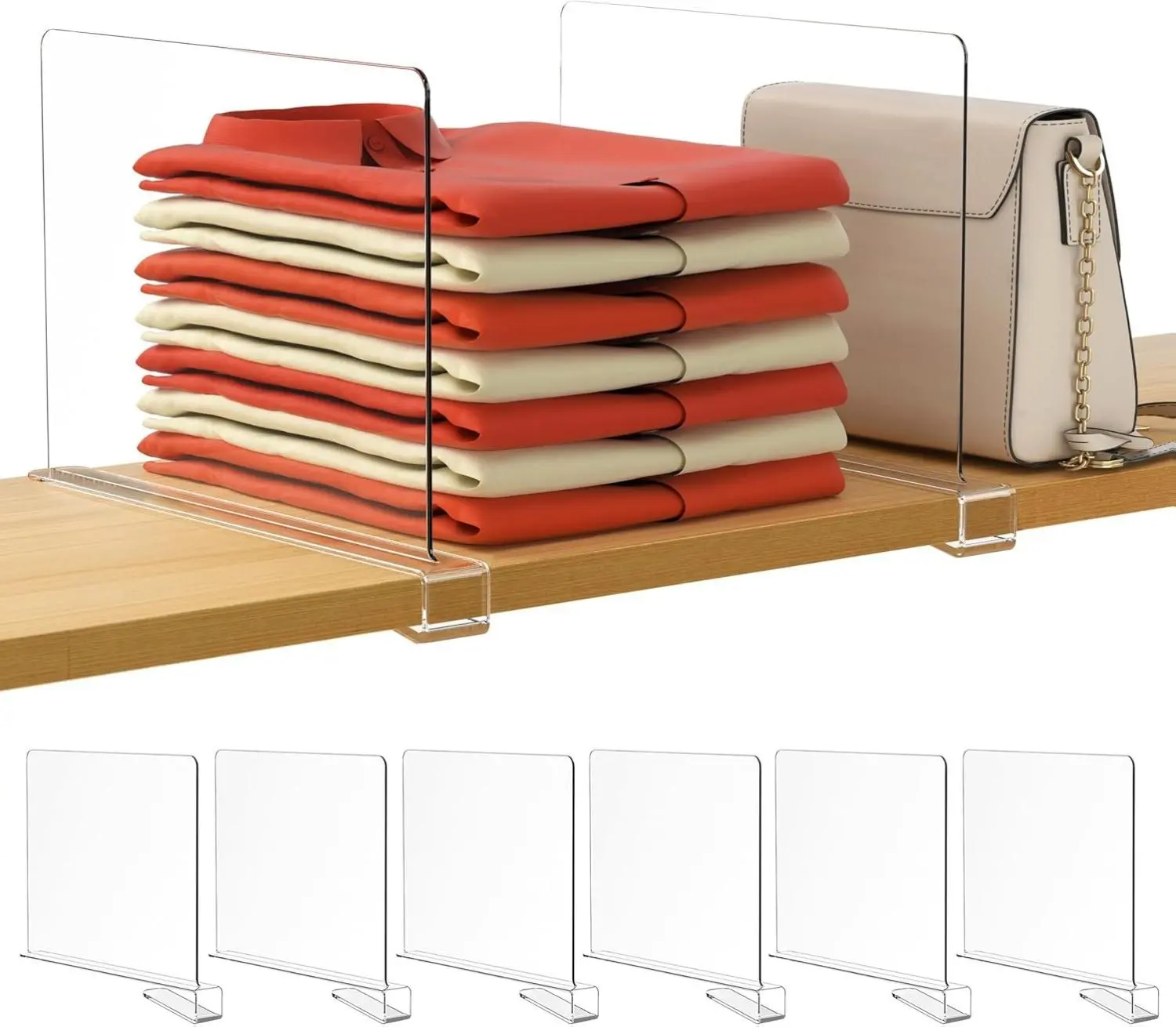 6 Pack Closet Organizers and Storage, Clear Shelf Dividers, Vertical Purse Organizer for Closet Perfect for Sweater, Shirts, Handbags in Bedroom and Kitchen, Acrylic Bookshelf for Organization