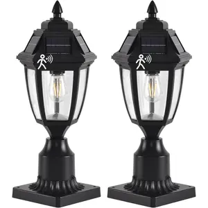 Post Lights 2 Pack, Dusk to Dawn Column Light with Pier Base, Black Exterior Powered Pole Light for Outside Porch Yard Pathway Driveway