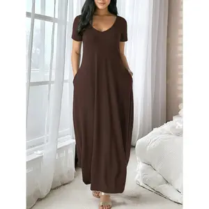 Women's Long Coffee Dress, Large Round Neck Short Sleeve Pocket Sleepwear, Casual Home Clothing Soft Fabric All Seasons Wear