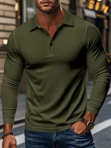 Men's Ribbed Texture Long Sleeve Polo Shirt, Comfortable Fit for Daily Wear, Stylish Design Suitable for Work & Leisure