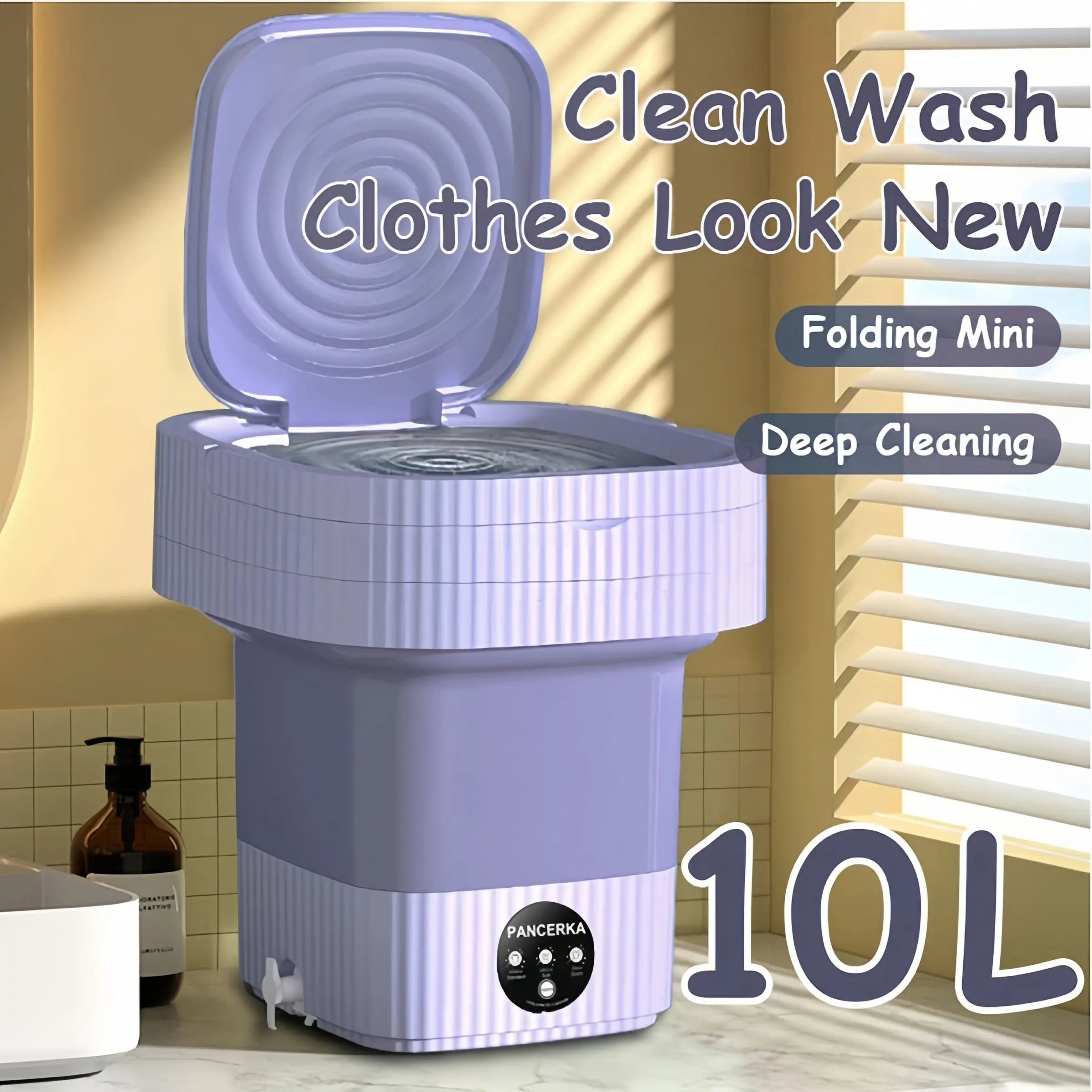 PANCERKA Foldable Portable Washing Machine 10L, Portable Lightweight Washer Mini Washer Portable Laundry Washer for Travel, RV, Dorm, Apartment & Camping - No Installation Needed