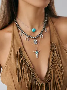 Set of 3 Turquoise Native Western Style Necklaces, Vintage Bull Head Horseshoe Cactus Design, Simple Beaded Chain Jewelry, Boho Style Jewelry
