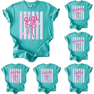 Custom Striped Gigi Coquette Floral Comfort Colors Shirt, Personalized Grandparent Gift, Flower Grandma Mimi Nana Mama Auntie Lala T-Shirt