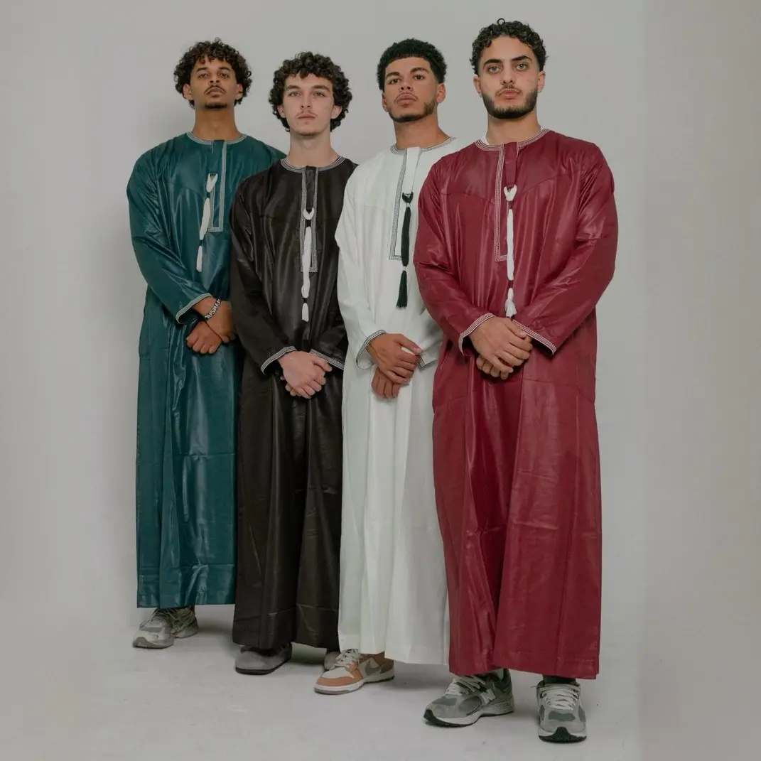 ROCCO Men's Modesty Thobe - Emirati Style Islamic Clothing, Long Sleeve, Premium Shine Finish, Elegant Tassel Detail, Multiple Colors, Casual Plain Recycled Polyester Blends Maxi Robe