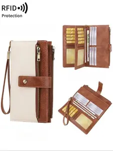 Women's long wallet, stylish clutch, elegant solid color RFID blocking leather wallet, long wallet with wristlet, zipper pocket and card slots, slim Tri-fold / Bi-fold wallet, suitable for everyday use, large capacity wallet,  student wallet, holiday gift