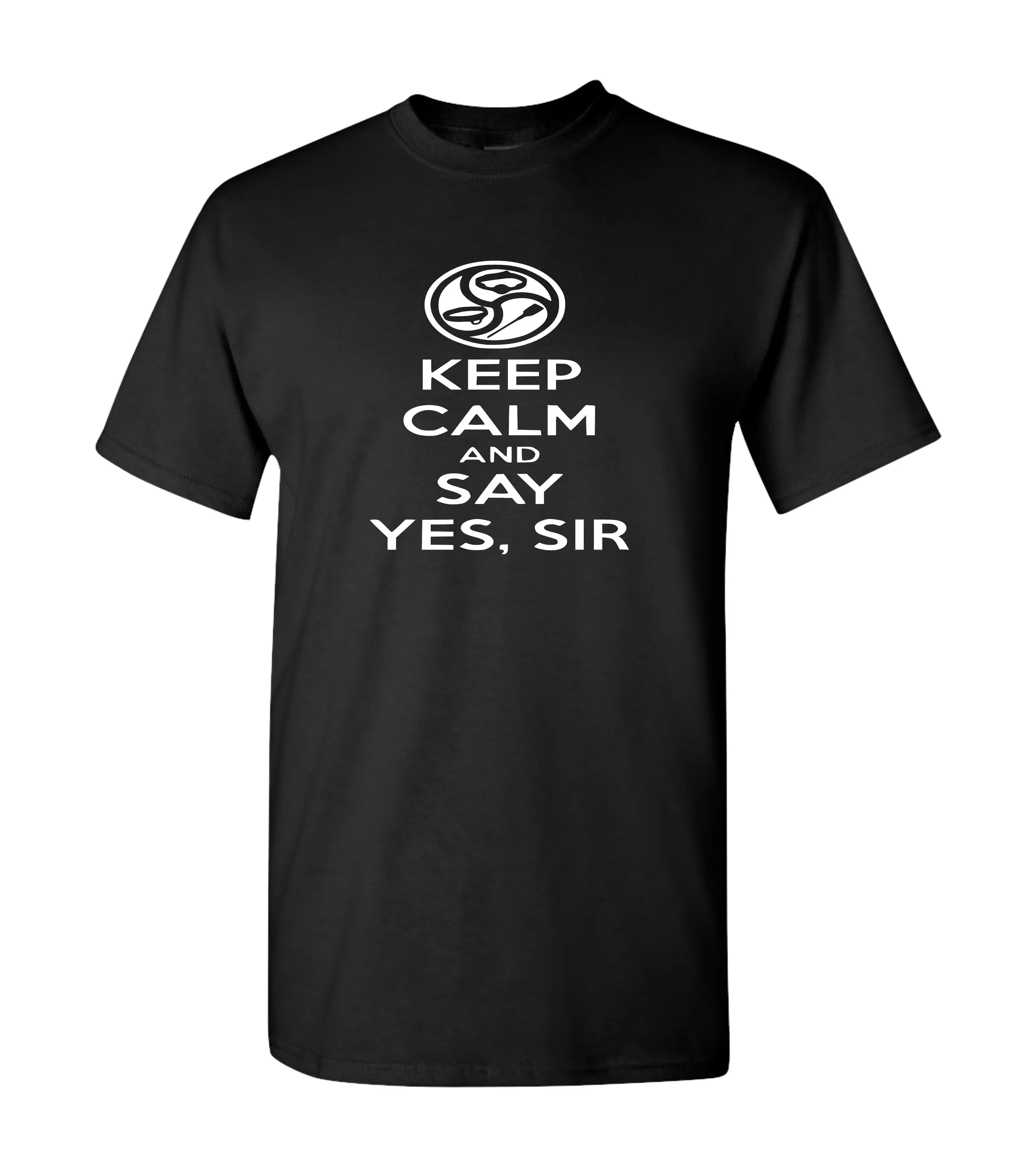 Keep Calm Sir and Say Yes Sir T-Shirt, Black Cotton Tank Top with Graphic Text, Short Sleeve, Perfect for Men