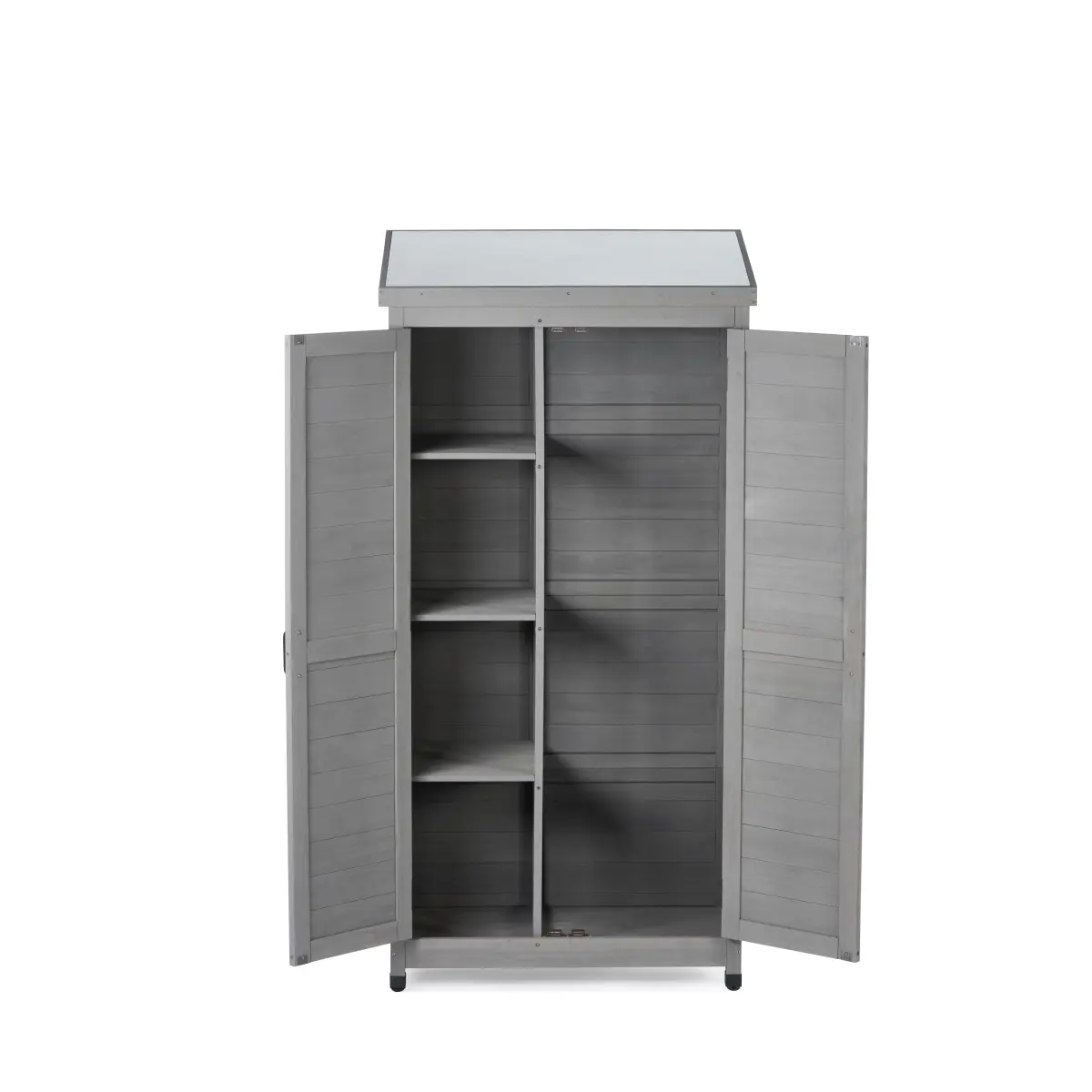 33.5"L*20.5"W*68.5"H Rectangular Cedar Wood Potting Bench, Rustic Gray Finish X‑Shaped Frame Magnetic Door Metal Top Outdoor Garden Storage Work Table with Ample Storage Space