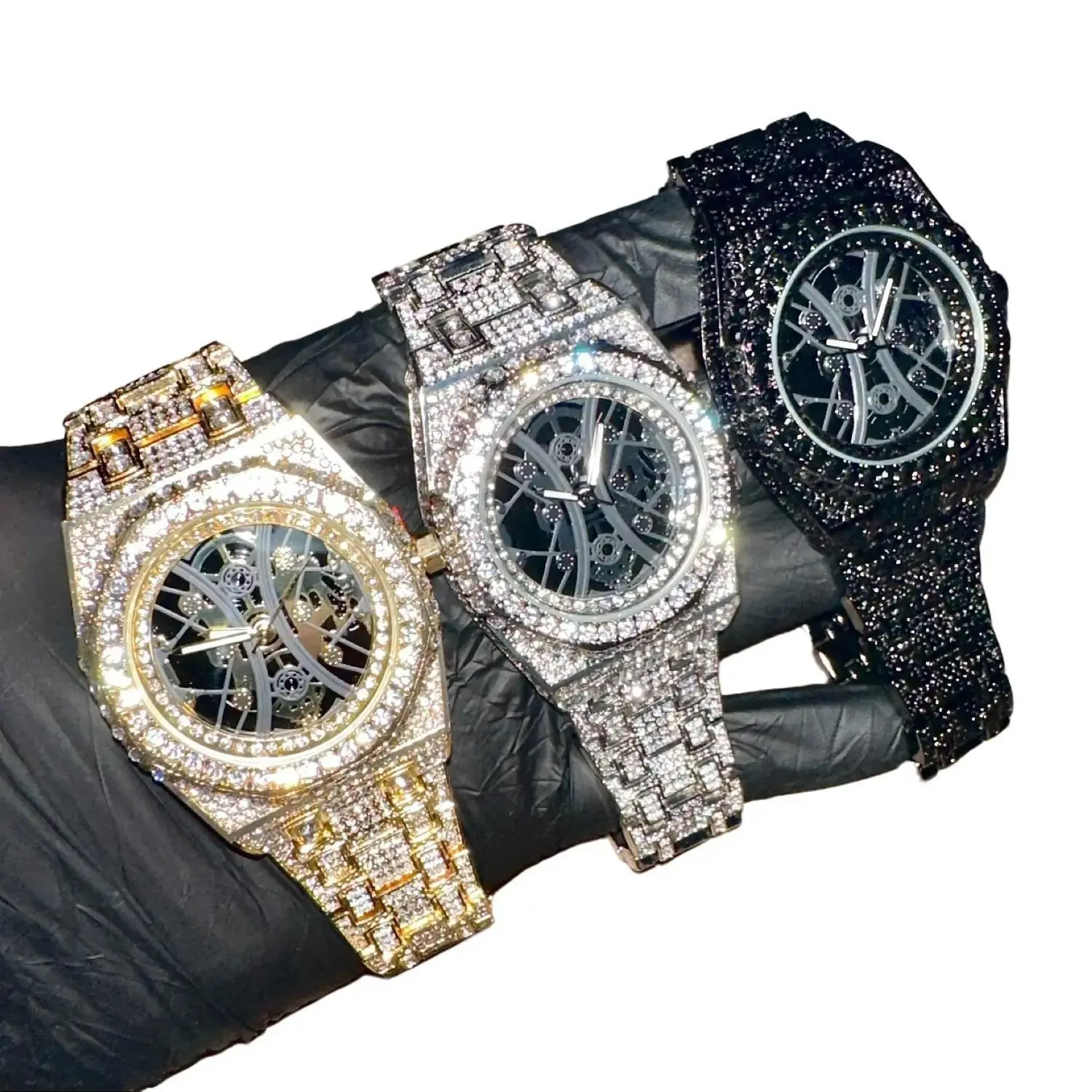 MaxBling81 Men's 43mm Luxury Skeleton Face Watch - Waterproof, Fully CZ Iced Band, Quartz Movement, Octagon Bezel, Arabic Dial, Diamond-Encrusted Fashion Timepiece, Watches