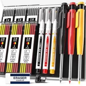 3 count Carpenter Pencils with Sharpener, Heavy Duty Woodworking Tools, Mechanical Pencil Set with 39 Refills, Deep Hole Long Nib Marker Pens for Architect Marking with Case (Red, Black, Yellow)