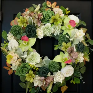 Egolot 22 Inch Green Orchid Spring Everyday Wreath for Front Door Indoor Outdoor Rustic Farmhouse Style Artificial Flowers and Foliage Decor Decoration peony Decorative Floral decoración de cumpleaños