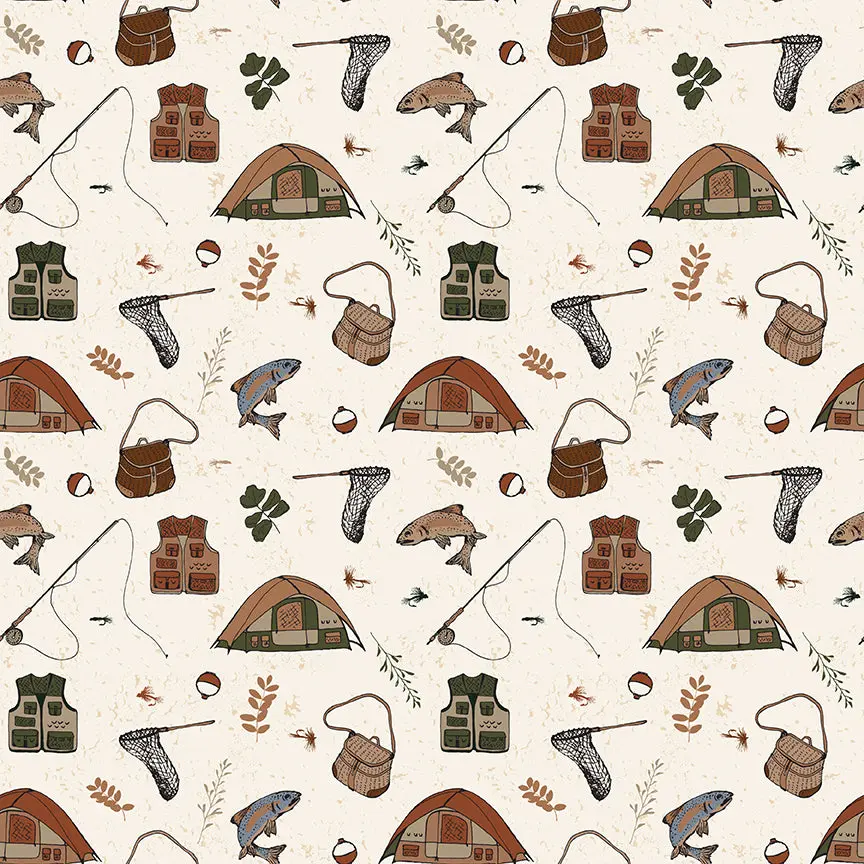 Fabric Riley Blake Cream Gone Fishing Let's Wander Designer Flannel by the Quarter Yard F17504-CREAM