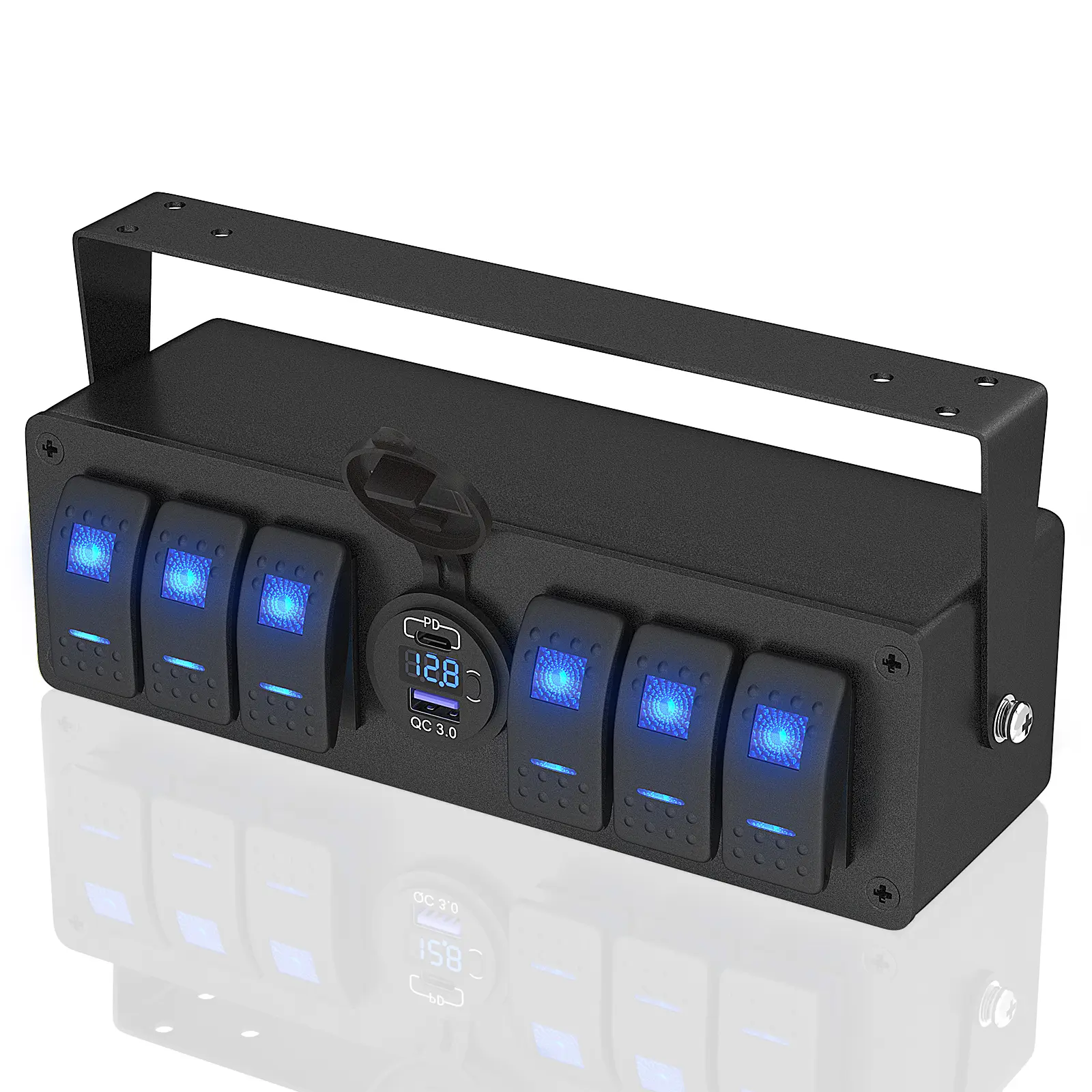 Eunik 4-Gang Marine Rocker Switch Panel - 12V SPST ON/Off, Dual USB PD Type C & QC 3.0 Ports, Glow in the Dark LED Voltmeter Display, Easy Install Multi-Function for Boats, Automotive Vehicles