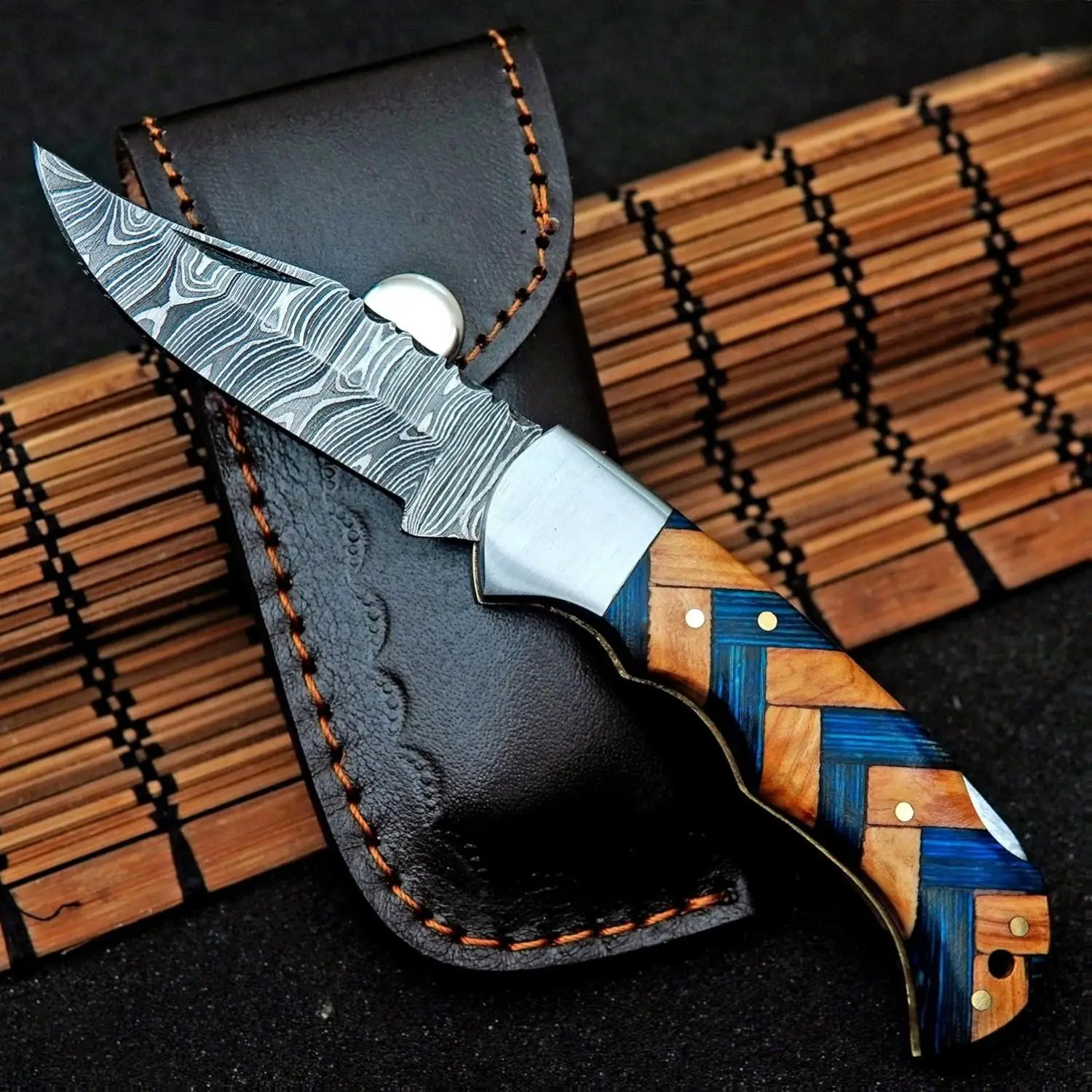 Damascus Pocket Folding Knife | Camping Knife | Gift for him groomsman Anniversary Birthday gift (Blue & Brown)