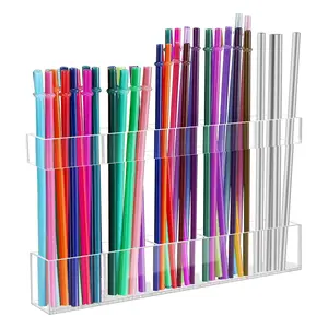 Clear Acrylic Straw Holder, Reusable Straw Organizer with Double-Sided Adhesive Squares, Straw Storage Rack for Kitchen Cabinet Door, Acrylic Display Rack
