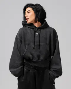 WOMENS OVERSIZED CROP HOODIE - ACID WASH