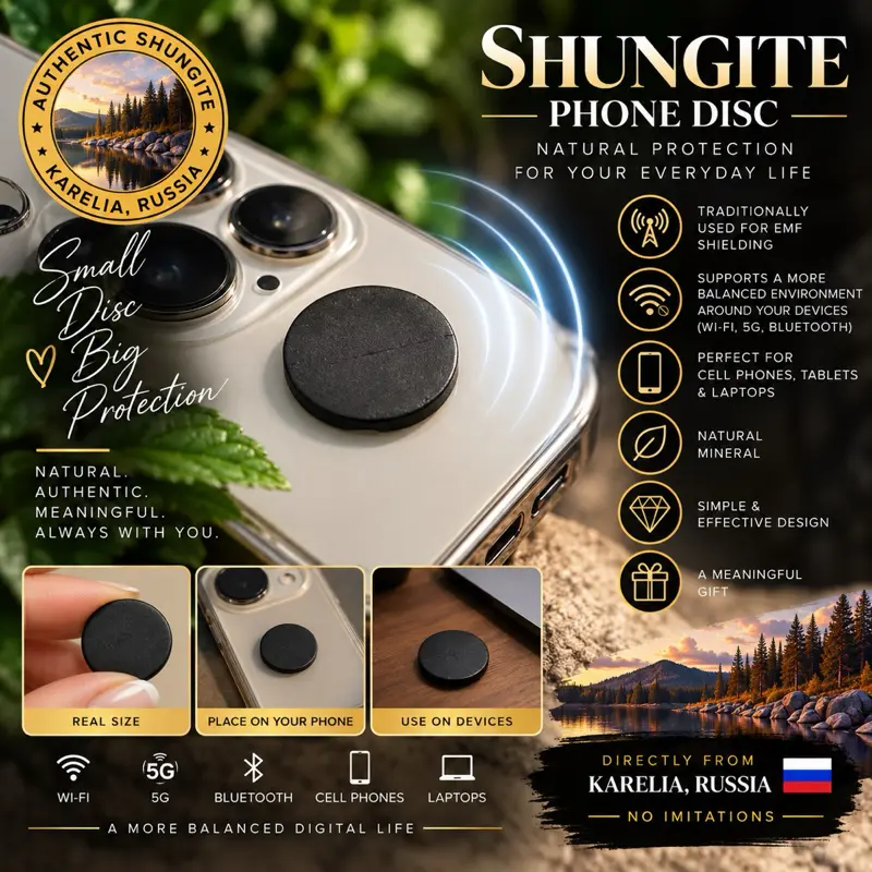 Authentic Shungite Phone Disc from Karelia Russia Natural Carbon Rich EMF Shielding for Cell Phones Tablets Laptops Compact Round Matte Black Disc