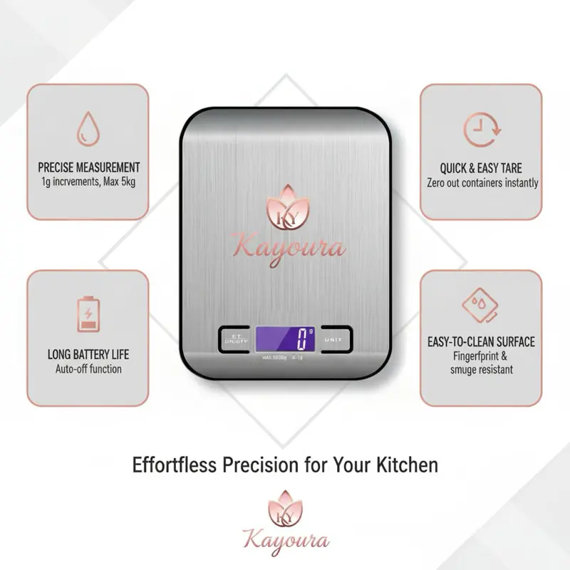 Kayoura Digital Kitchen Scale - High Accuracy Weight Scale with Smart Precision Sensors, 5000g/11lb Max Capacity, Sleek Stainless Steel Smooth Surface, Multi-Function Kitchen Gadget for Cooking, Baking, Kitchen Gadgets Modern