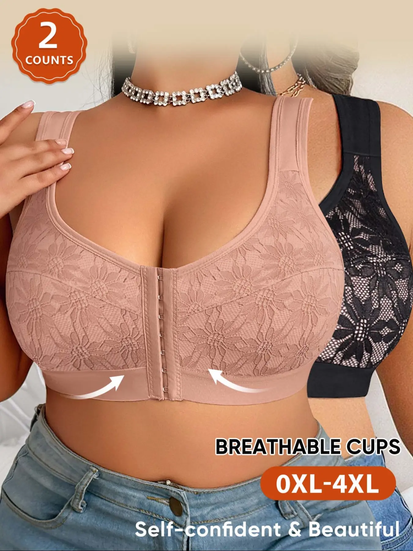2-Pack MEIYATING Plus Size Lingerie Bras, Full Coverage Push-Up Bra, Soft Lightweight Breathable Floral Pattern, Front Buckle Design, Medium, Everyday