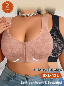 2 Pack Plus Size Women's Everyday Bras, Full Coverage Soft and Breathable Thin Cup, Front Closure Push Up Underwear for All Seasons