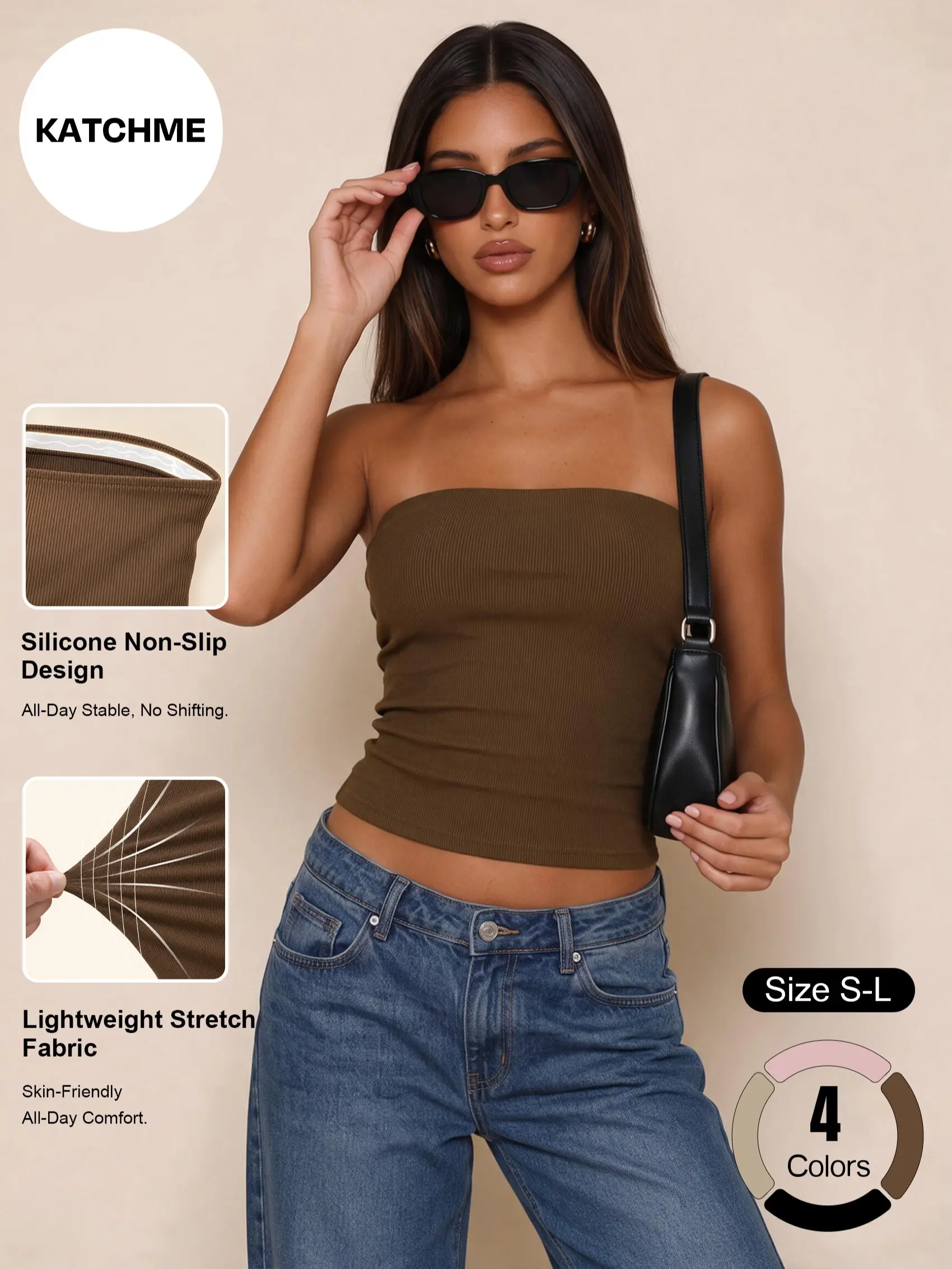 Katch Me Chic Women's Basic Built-in Padded Bra Tube Top, Seamless Non-Slip Silicone Bandeau, Summer Soft Stretch Skin-Friendly Strapless Top for Daily Casual Layering #TikTokMadeMeBuyIt #StraplessBra