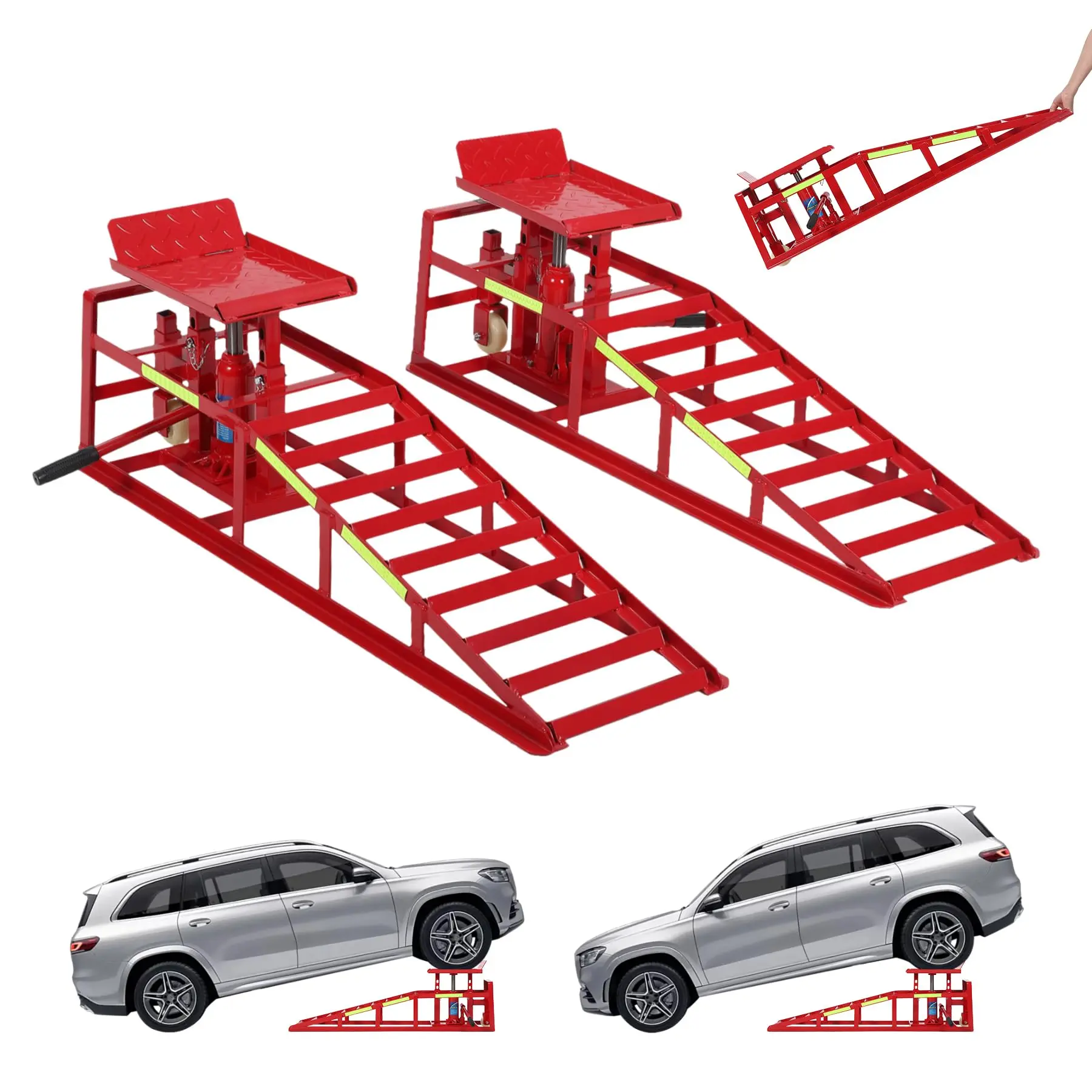 Garvee 2-Pack Hydraulic Car & Truck Ramps - 5Ton/11025Lbs Capacity, Steel Frame, Wheels for Mobility, Anti-Slip Top, Reflective Stickers, Hydraulic Lift for Home Garage Auto Repair & Oil Changes