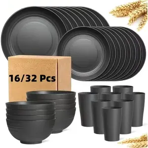 16/32PCS Wheat Straw Dinnerware Set for 4 or 8, Unbreakable Plates, Bowls & Cups, Lightweight Dishwasher Safe Dishes for Camping & Everyday Use