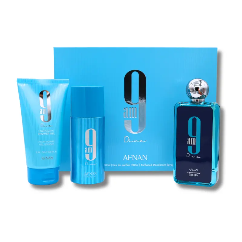 AFNAN 9AM DIVE Elegant EDP Gift Set for Adults - 3.4oz Eau de Parfum, 5.0oz Shower Gel, 5.0oz Deodorant, Spicy-Citrus-Green Tea Fruity-Amber Daily Elegance All-Occasion Fragrance (Beauty & Personal Care)