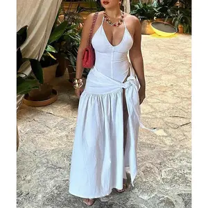 Women's Solid Backless Sleeveless Cami Bodysuit & Split Thigh Skirt Two-piece Set, Sexy Fashion Casual Halter Neck Bodysuit & Tie Front Pleated Skirt for Daily Outdoor Wear, Ladies Clothes for All Seasons Summer Suits