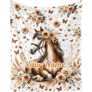Horse Blanket with Custom Name - Personalized Throw for Kids, Cozy Equestrian Gift for Bed & Sofa