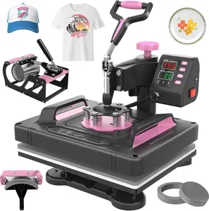 BIERUM 12x15 Inch 5-in-1 Heat Press Machine, 360° Swing Away Digital Sublimation Printer for T Shirts Mugs Hats Plates Caps - Pink