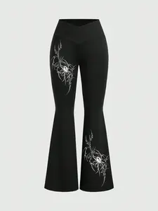 Women's High Waist Casual Flare Leg Pants, Spider Graphic Print, All Seasons, Comfortable Daily Wear, Versatile Long Pants