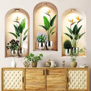 3-piece set, Nordic green plant themed simulated arched window flower basin wall sticker, self-adhesive removable decorative sticker, suitable for wall decoration in living rooms, dining rooms, and study rooms, Home Decor