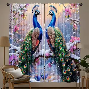 Snowy Peacock Print Curtains Set of 2, Natural Style, Half Light Blocking Privacy Curtains for Living Room Bedroom Dining Room Home Decor