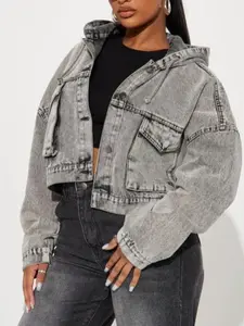 No Explanation Hooded Denim Jacket - Acid Wash Grey